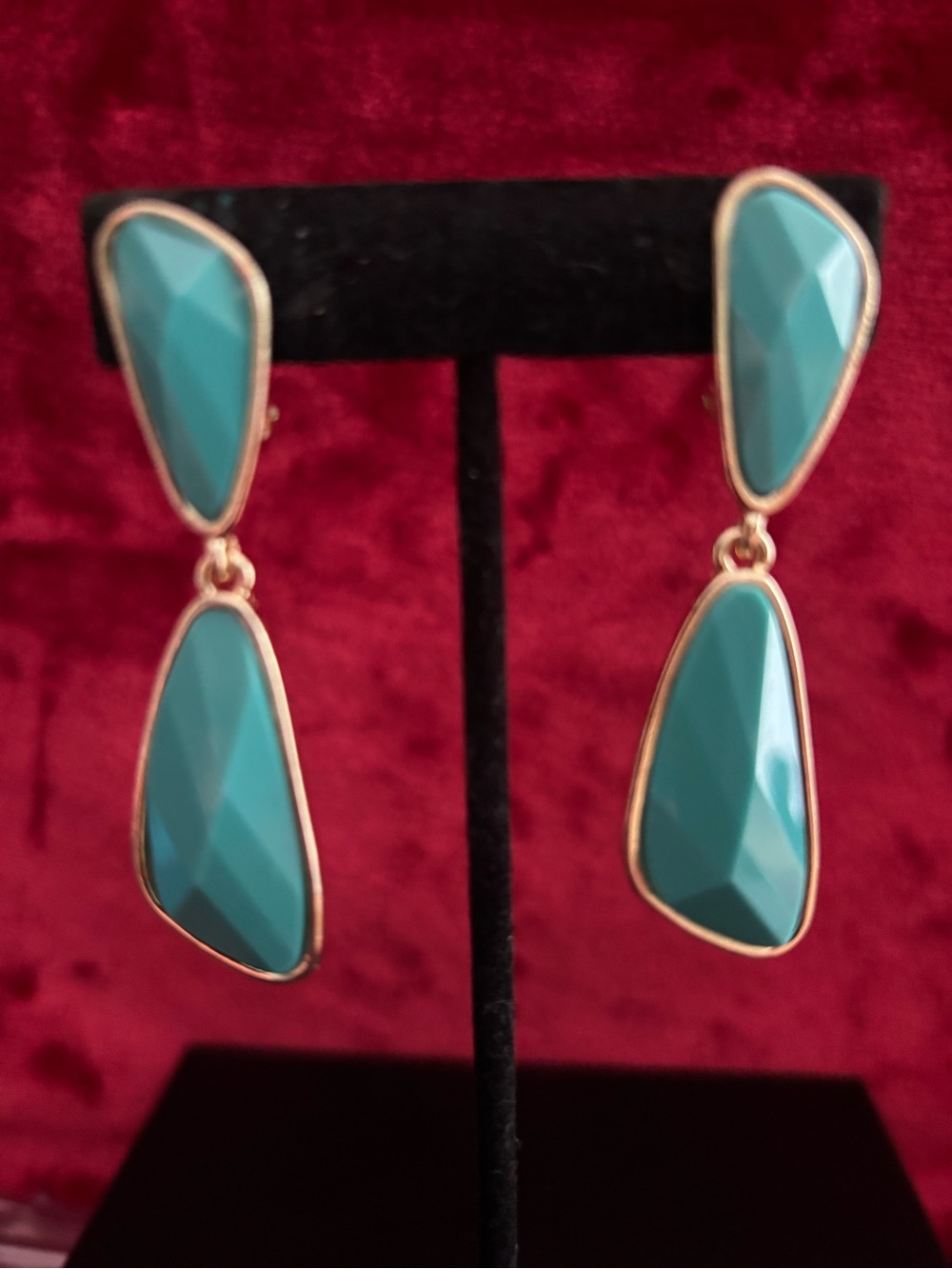 Kenneth Jay Lane Teal Faceted Drop Earrings with Gold Tone Trim